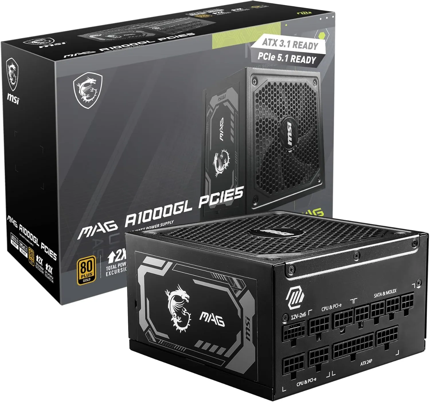 MSI MAG A1000GL PCIE 5 Gaming Power Supply - ATX 3.1 & PCIE 5.1 Ready - Full Modular - 80 Plus Gold Certified 1000W - Compact Size - ATX PSU - 10 Year Warranty