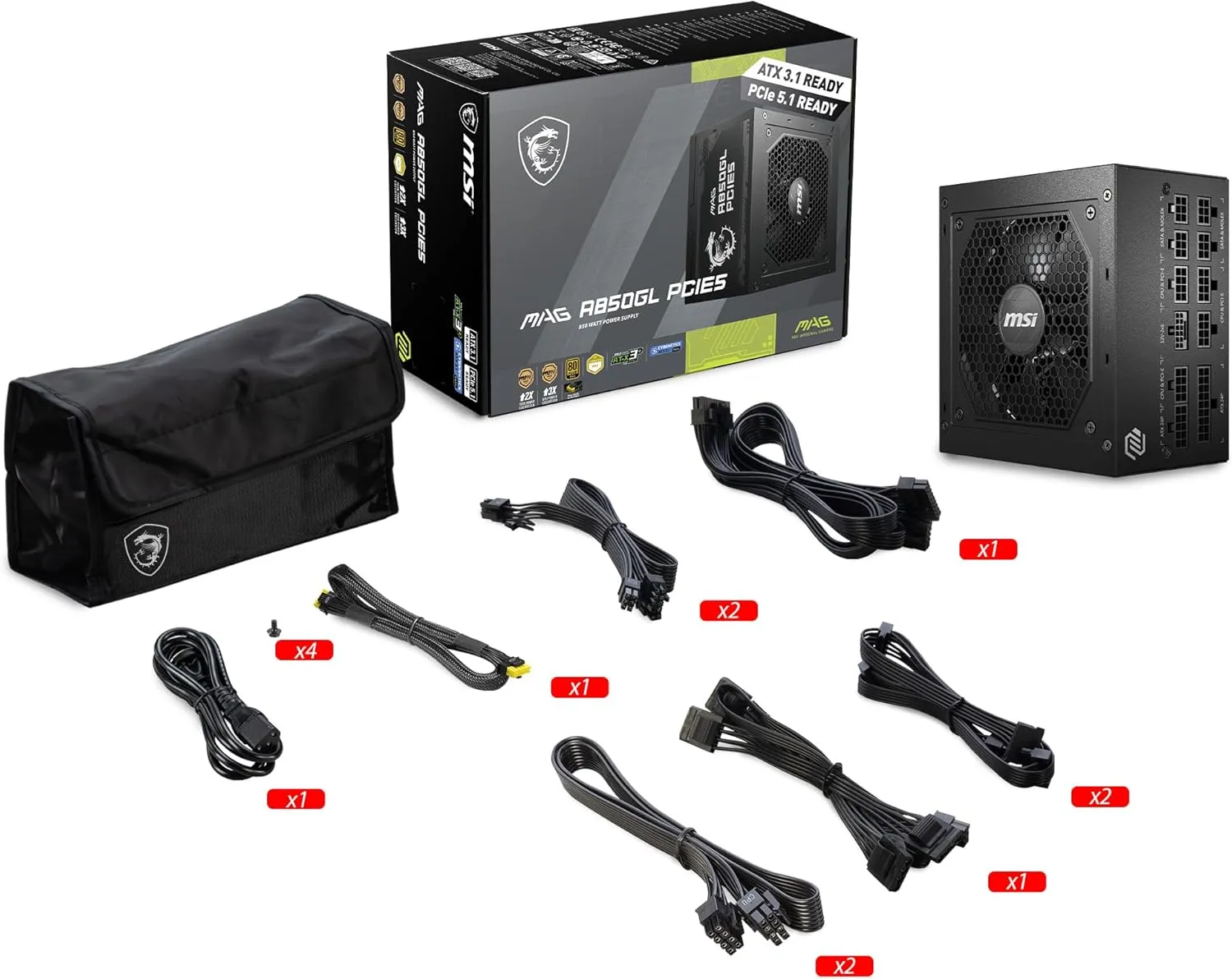 MSI MAG A850GL PCIE 5.1 & ATX 3.1 Gaming Power Supply - Full Modular - 80 Plus Gold Certified 850W - Compact Size - ATX PSU - 10 Year Warranty