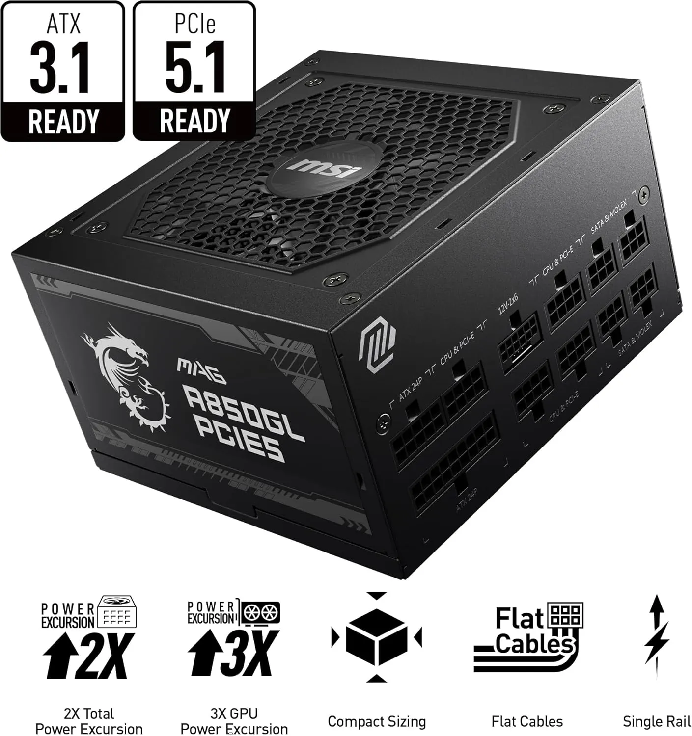 MSI MAG A850GL PCIE 5.1 & ATX 3.1 Gaming Power Supply - Full Modular - 80 Plus Gold Certified 850W - Compact Size - ATX PSU - 10 Year Warranty