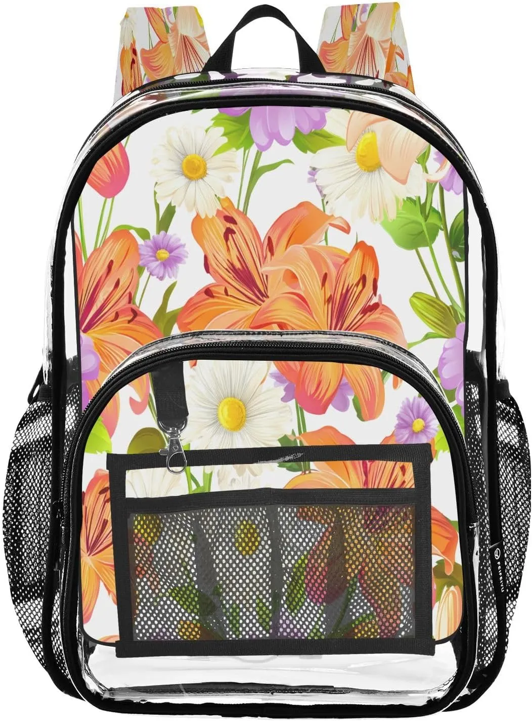 Nander Floral Pattern Clear Backpack for School,Heavy Duty PVC Transparent Bookbag for Stadium,Quick Security Clearance Travel Bag