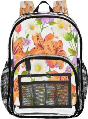 Nander Floral Pattern Clear Backpack for School,Heavy Duty PVC Transparent Bookbag for Stadium,Quick Security Clearance Travel Bag