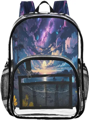 Nander Magical Coastline Clear Backpack for School,Heavy Duty PVC Transparent Bookbag for Stadium,Quick Security Clearance Travel Bag