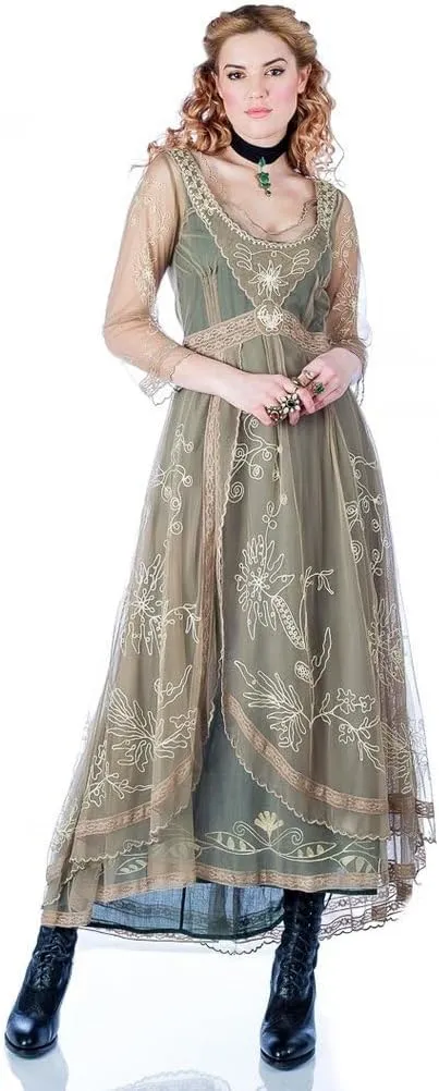 Nataya 40163 Women's 1920s Edwardian Victorian Vintage Style Wedding Party Dress in Sage