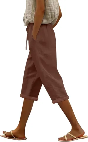NBXNZWF Women's Linen Capri Pants Casual Elastic Drawstring Waist Lounge Pants Relaxed Fit Cropped Trousers with Pockets