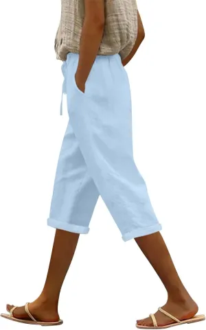 NBXNZWF Women's Linen Capri Pants Casual Elastic Drawstring Waist Lounge Pants Relaxed Fit Cropped Trousers with Pockets