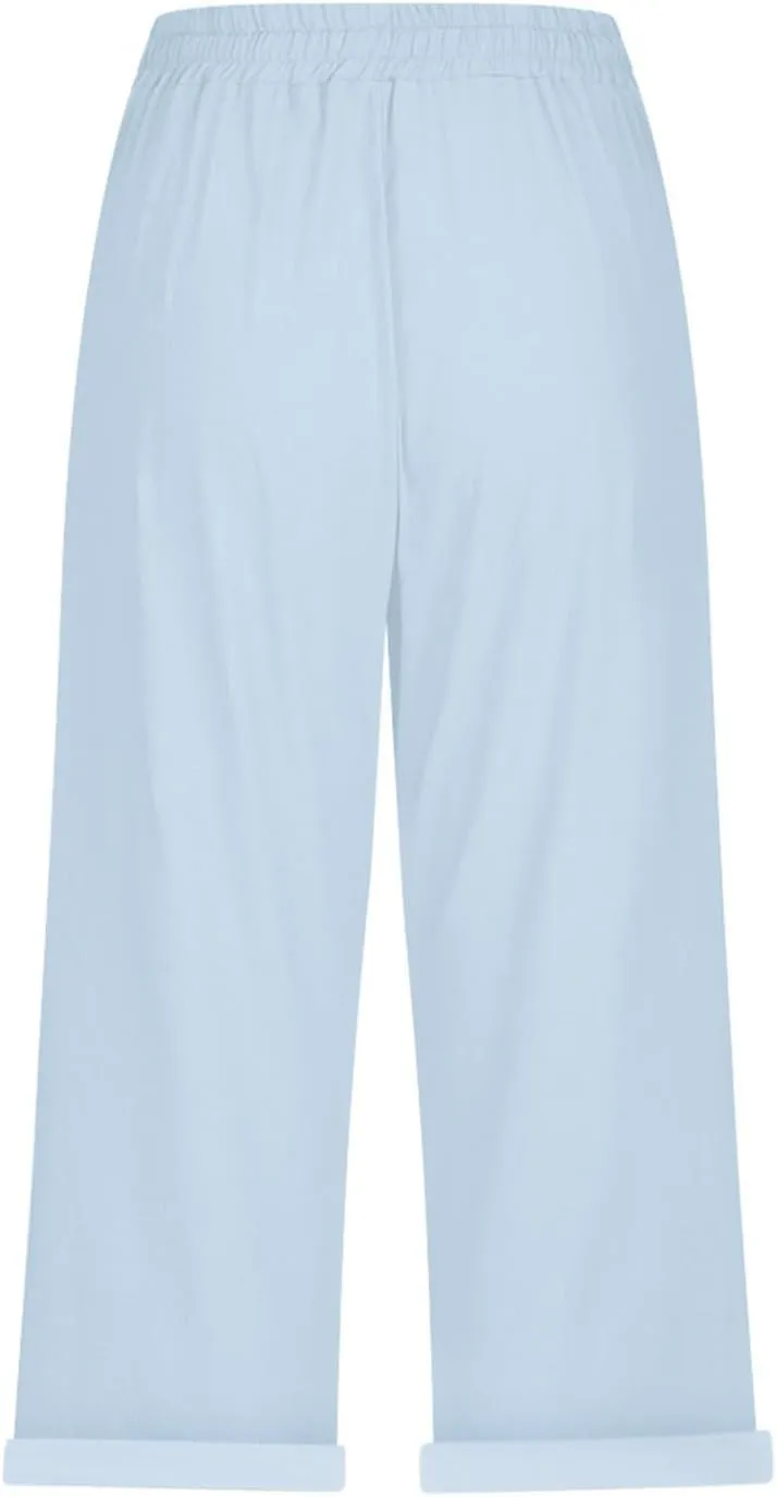 NBXNZWF Women's Linen Capri Pants Casual Elastic Drawstring Waist Lounge Pants Relaxed Fit Cropped Trousers with Pockets