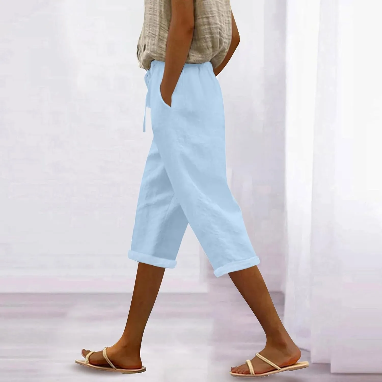 NBXNZWF Women's Linen Capri Pants Casual Elastic Drawstring Waist Lounge Pants Relaxed Fit Cropped Trousers with Pockets