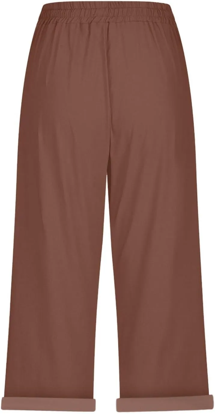 NBXNZWF Women's Linen Capri Pants Casual Elastic Drawstring Waist Lounge Pants Relaxed Fit Cropped Trousers with Pockets