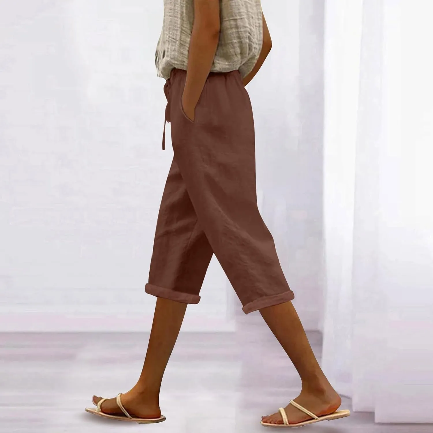 NBXNZWF Women's Linen Capri Pants Casual Elastic Drawstring Waist Lounge Pants Relaxed Fit Cropped Trousers with Pockets
