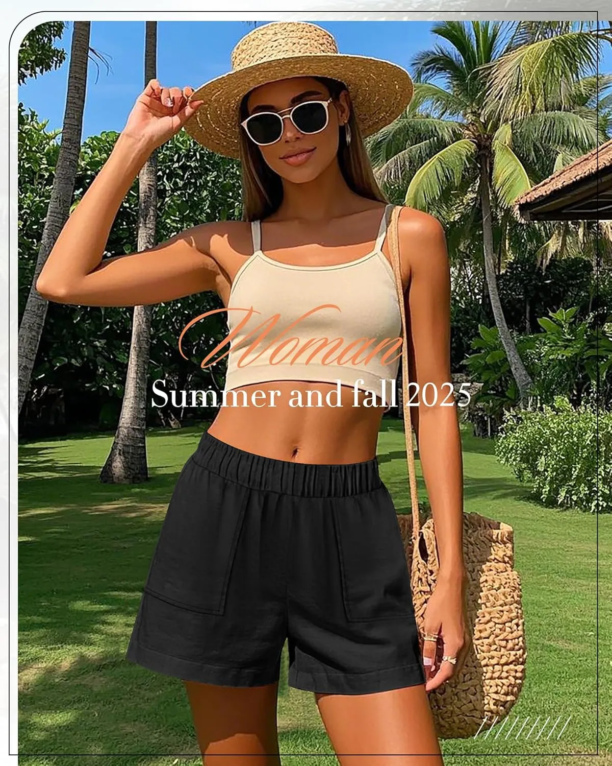 Neer 2 Pack Women's Linen Shorts Elastic Waist Casual Comfy Summer Pull on Beach Shorts with Patch Pocket