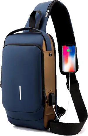 New Carbon Fiber Streamline Anti-Theft Sling Bag, Waterproof USB Charging Sport Sling Anti Theft Shoulder Backpack (Blue)