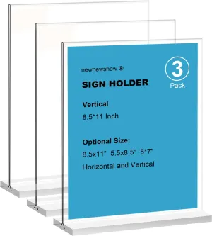 newnewshow 8.5x11 Acrylic Sign Holder 3 Pack Vertical Double-Sided Display (Optional 8.5x11 8.5x5.5 5x7 Horizontal and Vertical)