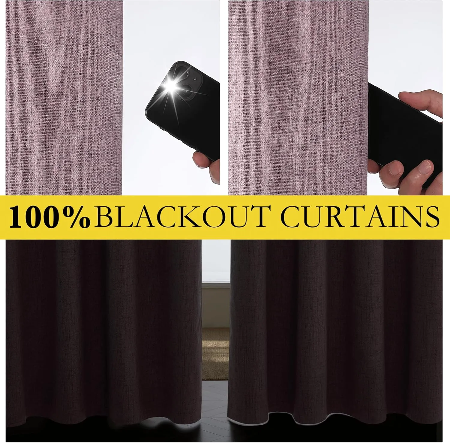 NICETOWN Chaise Mauve Vintage Linen 100% Blackout Curtains for Living Room, Thermal Insulated Curtains 84“ Long, Noise Reducing Window Treatment Drapes for Hall Room, 52" Wide Per Panel, Set of 2