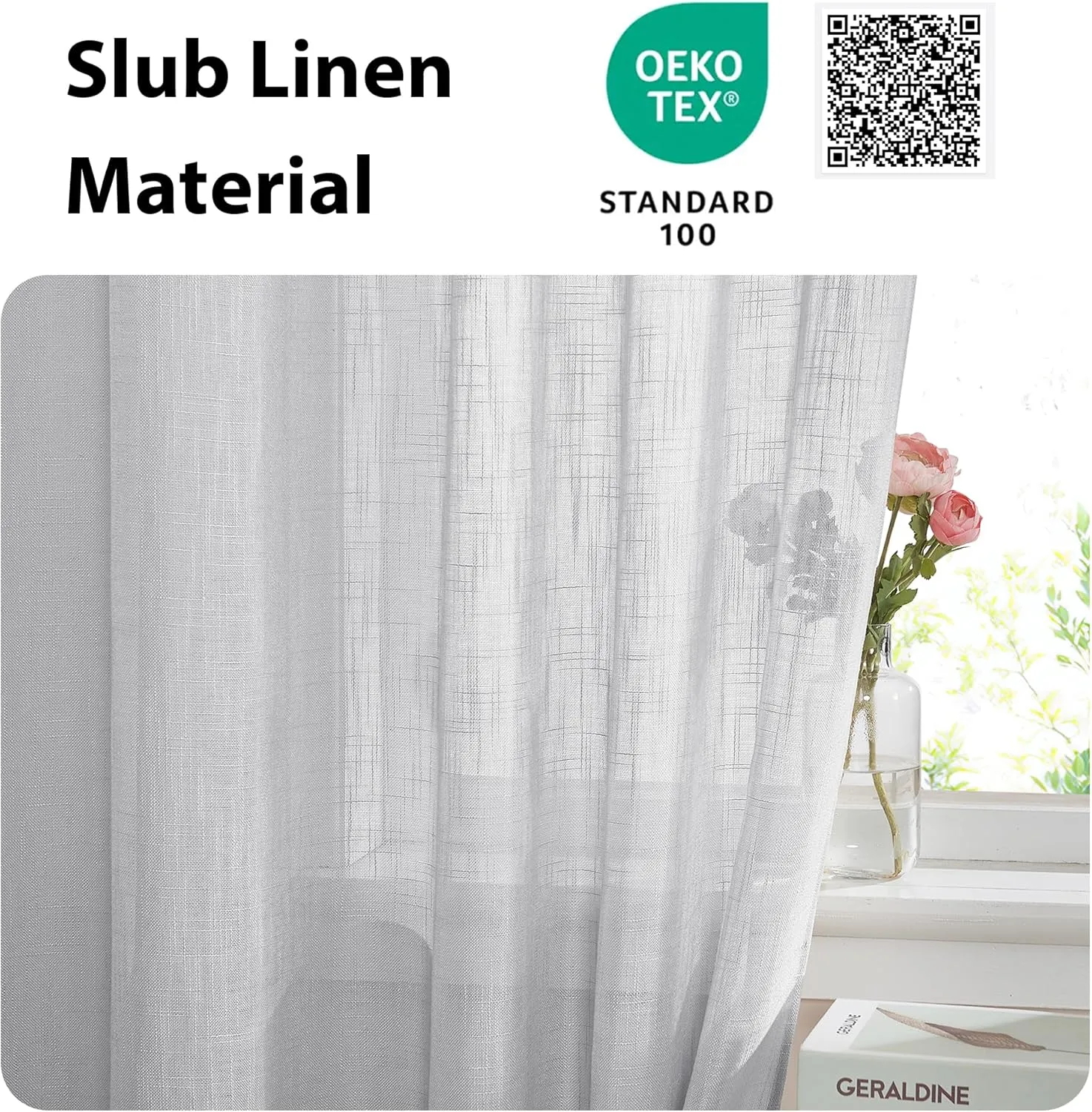 NICETOWN French Door Panel with Tieback - Linen Look Sheer Curtain Linen Textured Sheer French Door Panel with a Tieback (52 Width x 72 Length, Light Grey, 1 PC)