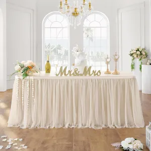 NSSONBEN 72inch Champagne Gold Tulle Table Skirts for Rectangle Round Tables, Gold Grim Ruffle Tulle Tutu Cloth Table Skirt 6ft for Wedding Birthday Party Cake Dessert Decor(No Top Cover)