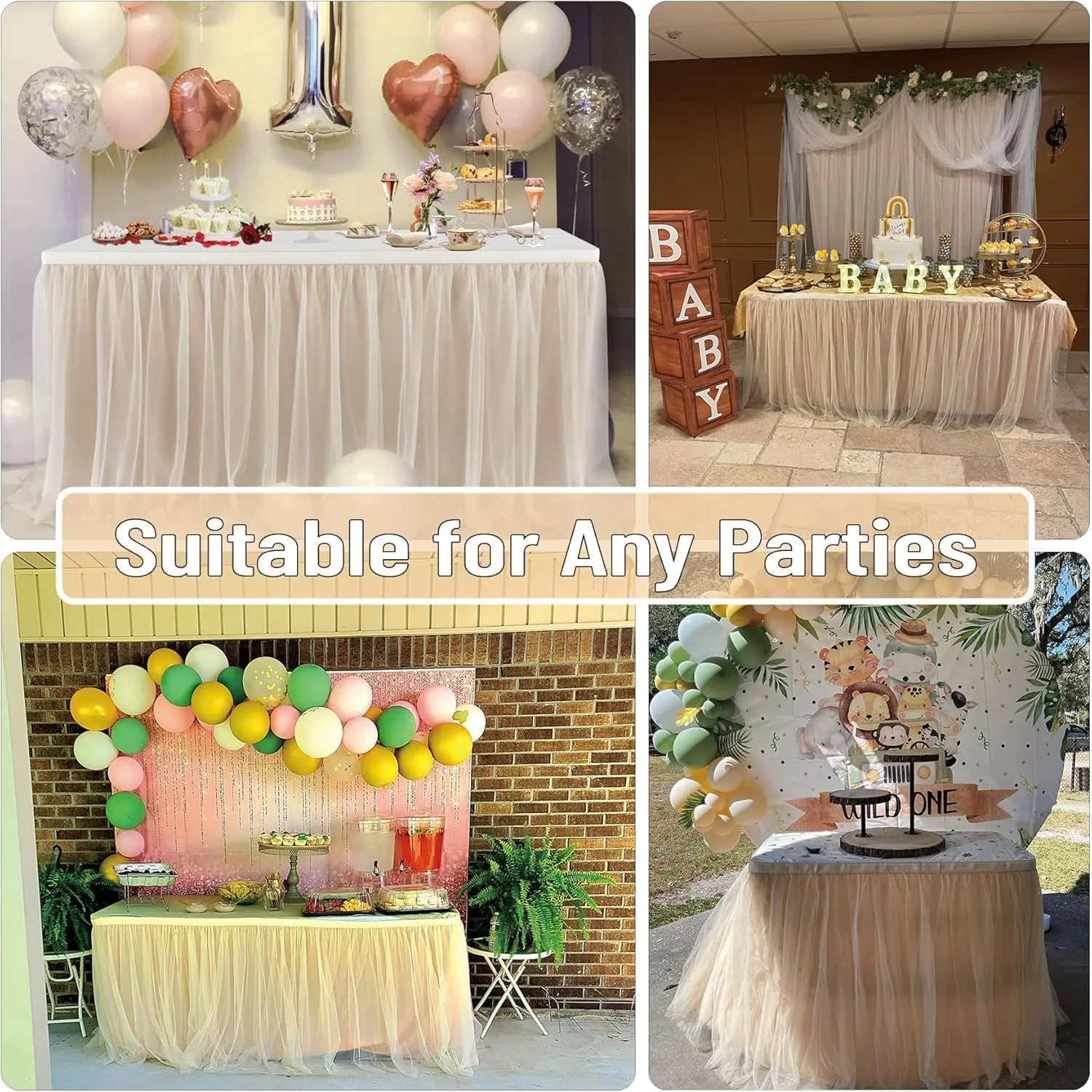 NSSONBEN 72inch Champagne Gold Tulle Table Skirts for Rectangle Round Tables, Gold Grim Ruffle Tulle Tutu Cloth Table Skirt 6ft for Wedding Birthday Party Cake Dessert Decor(No Top Cover)