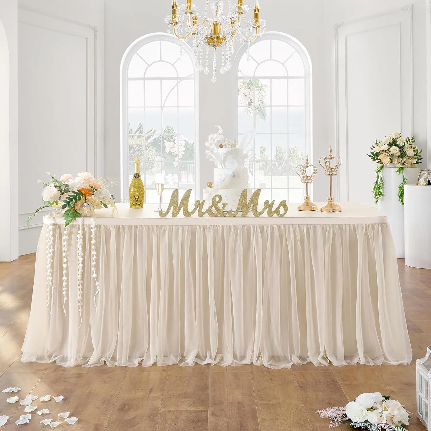NSSONBEN 72inch Champagne Gold Tulle Table Skirts for Rectangle Round Tables, Gold Grim Ruffle Tulle Tutu Cloth Table Skirt 6ft for Wedding Birthday Party Cake Dessert Decor(No Top Cover)