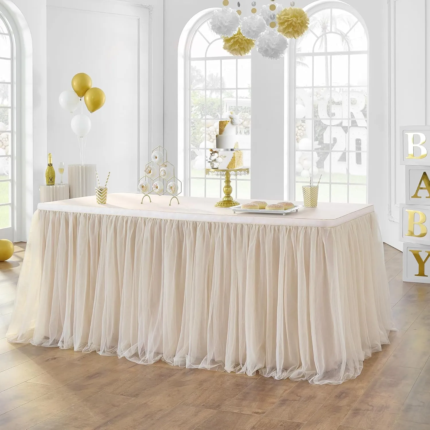 NSSONBEN 72inch Champagne Gold Tulle Table Skirts for Rectangle Round Tables, Gold Grim Ruffle Tulle Tutu Cloth Table Skirt 6ft for Wedding Birthday Party Cake Dessert Decor(No Top Cover)