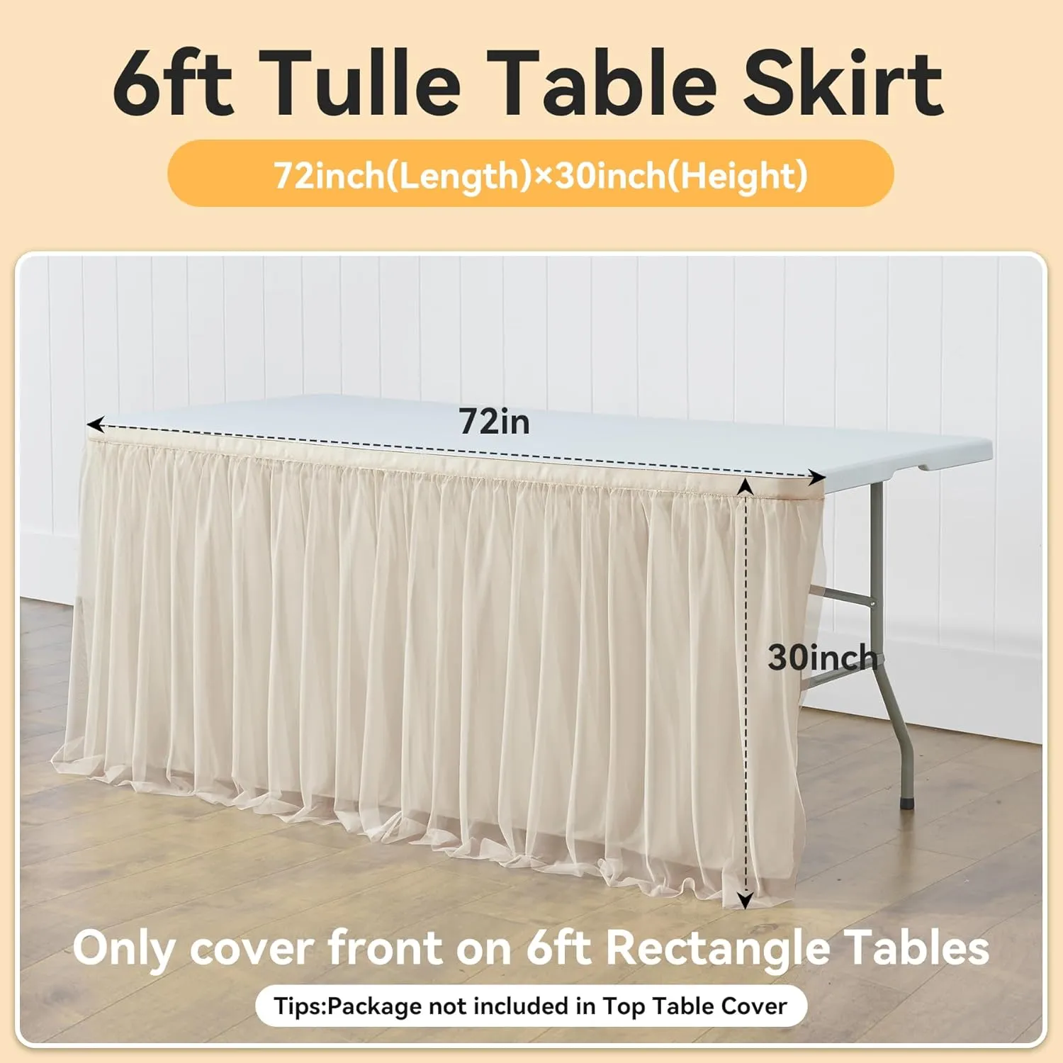 NSSONBEN 72inch Champagne Gold Tulle Table Skirts for Rectangle Round Tables, Gold Grim Ruffle Tulle Tutu Cloth Table Skirt 6ft for Wedding Birthday Party Cake Dessert Decor(No Top Cover)