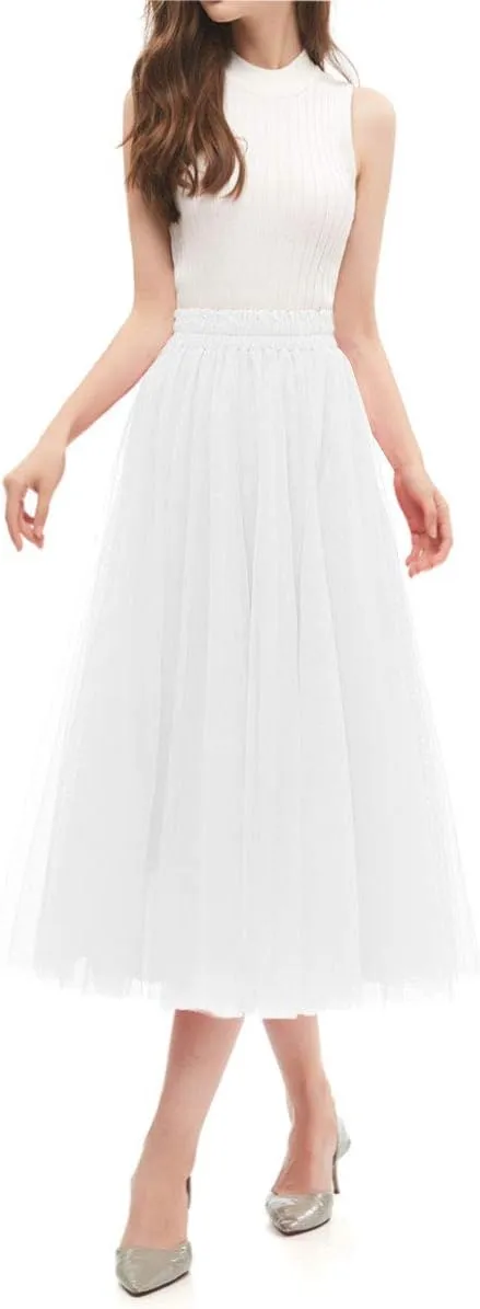 OBBUE Women's A Line Tulle Party Evening Tutu Skirts Tea Length