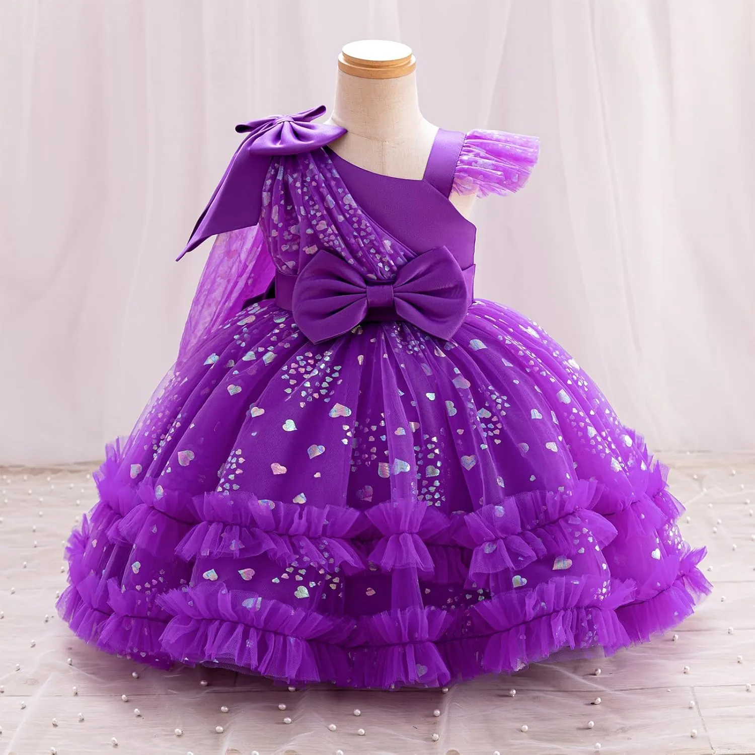 OBEEII Toddler Baby Girls Pageant Dress Sequins Heart Tulle Tutu Dress Flower Wedding Princess Birthday Party Prom Gown