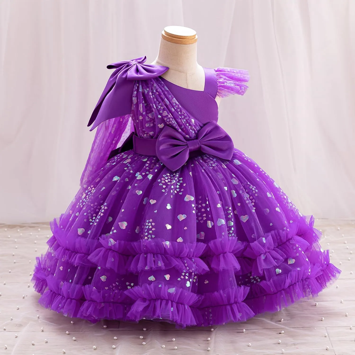OBEEII Toddler Baby Girls Pageant Dress Sequins Heart Tulle Tutu Dress Flower Wedding Princess Birthday Party Prom Gown