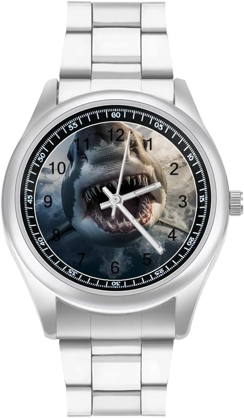 Ocean Shark Minimalist Wristwatch Business Dress Watch with Stainless Steel Band for Men Women