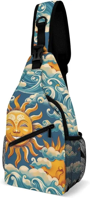 Ocean Sunrise Faces Sling Backpack Crossbody Chest Bag Print Shoulder Bag Travel Daypack for Sports Running Hiking