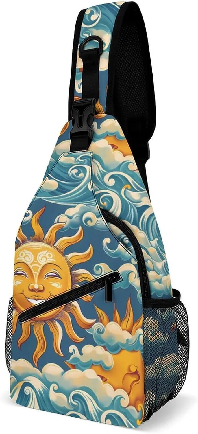 Ocean Sunrise Faces Sling Backpack Crossbody Chest Bag Print Shoulder Bag Travel Daypack for Sports Running Hiking