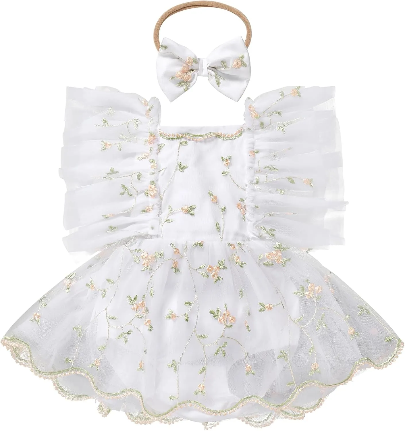 ODASDO Baby Girl Floral Embroidery Tulle Tutu Princess Romper Dress First Birthday Cake Smash Outfit with Bowknot Headband