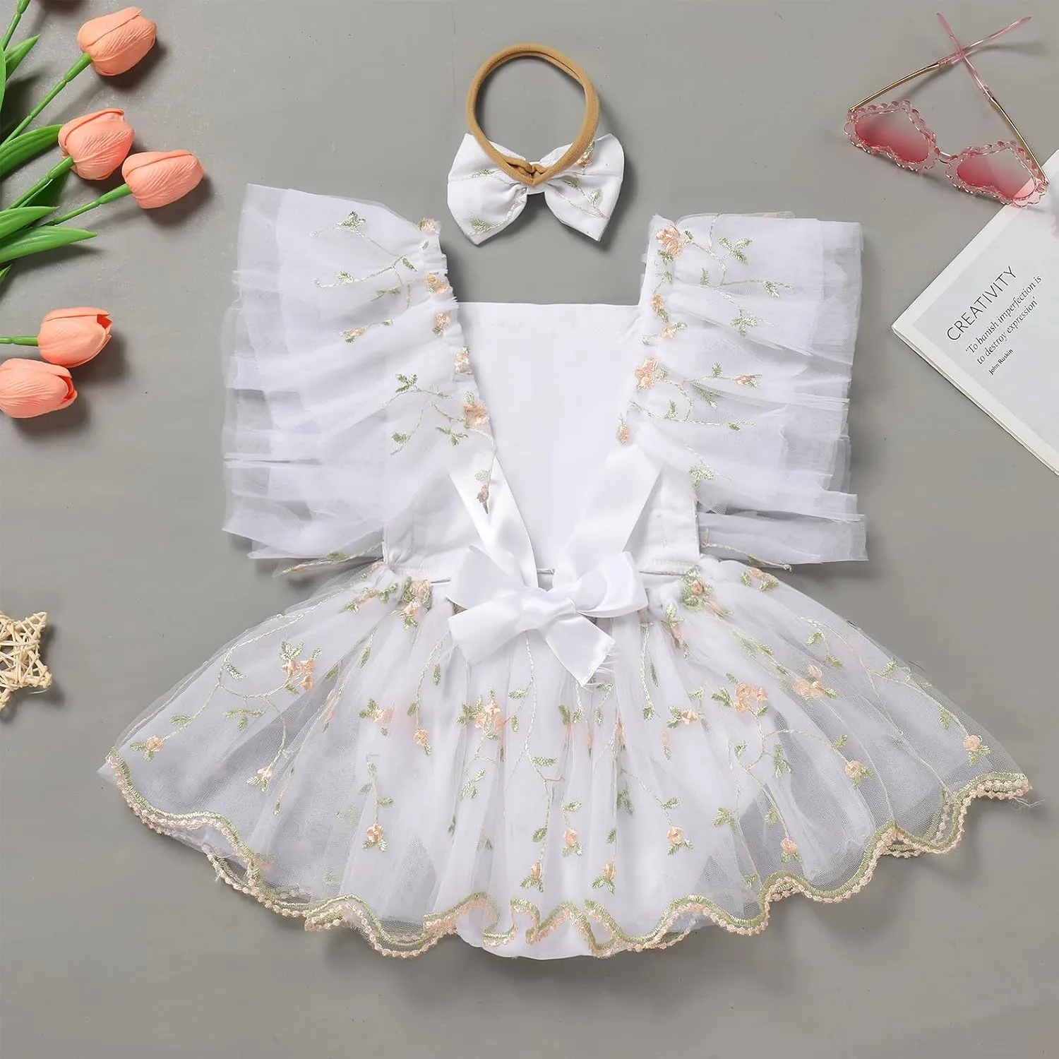 ODASDO Baby Girl Floral Embroidery Tulle Tutu Princess Romper Dress First Birthday Cake Smash Outfit with Bowknot Headband