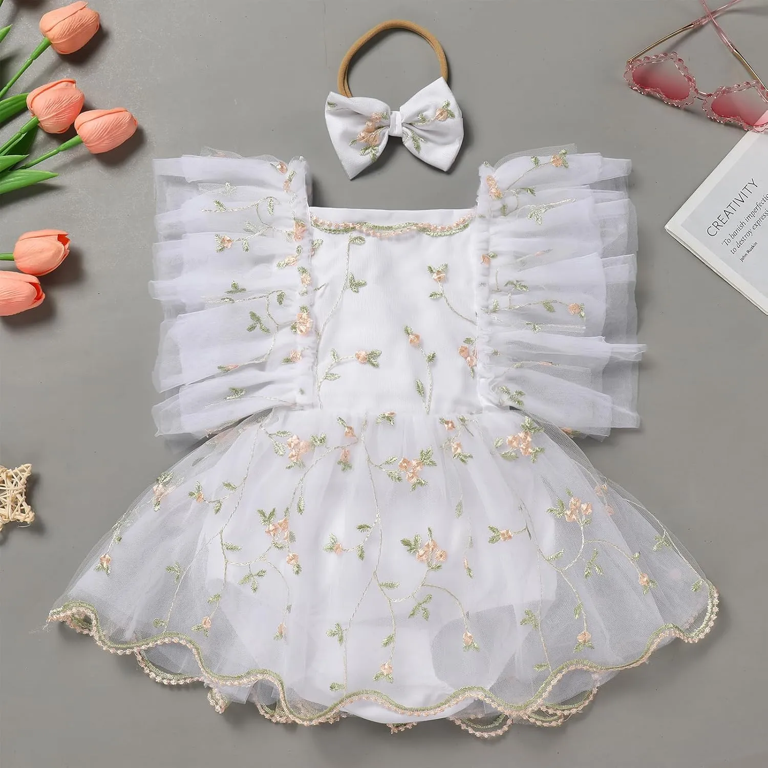ODASDO Baby Girl Floral Embroidery Tulle Tutu Princess Romper Dress First Birthday Cake Smash Outfit with Bowknot Headband