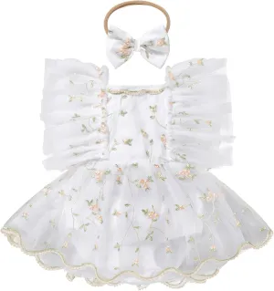 ODASDO Baby Girl Floral Embroidery Tulle Tutu Princess Romper Dress First Birthday Cake Smash Outfit with Bowknot Headband