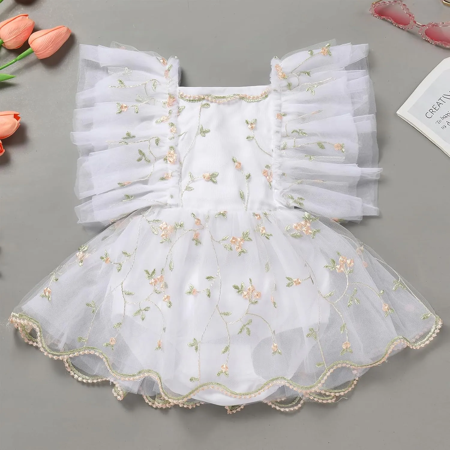 ODASDO Baby Girl Floral Embroidery Tulle Tutu Princess Romper Dress First Birthday Cake Smash Outfit with Bowknot Headband