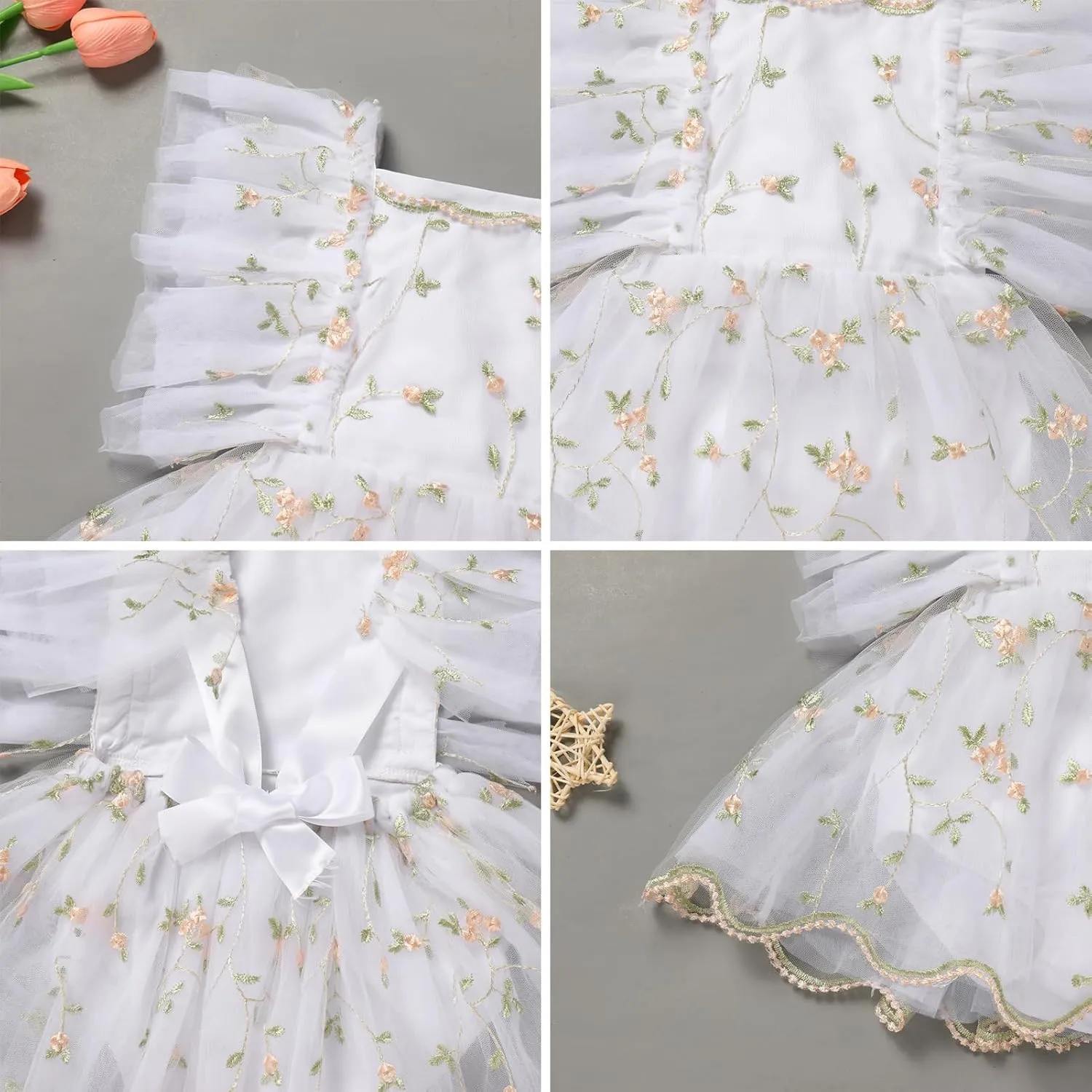 ODASDO Baby Girl Floral Embroidery Tulle Tutu Princess Romper Dress First Birthday Cake Smash Outfit with Bowknot Headband