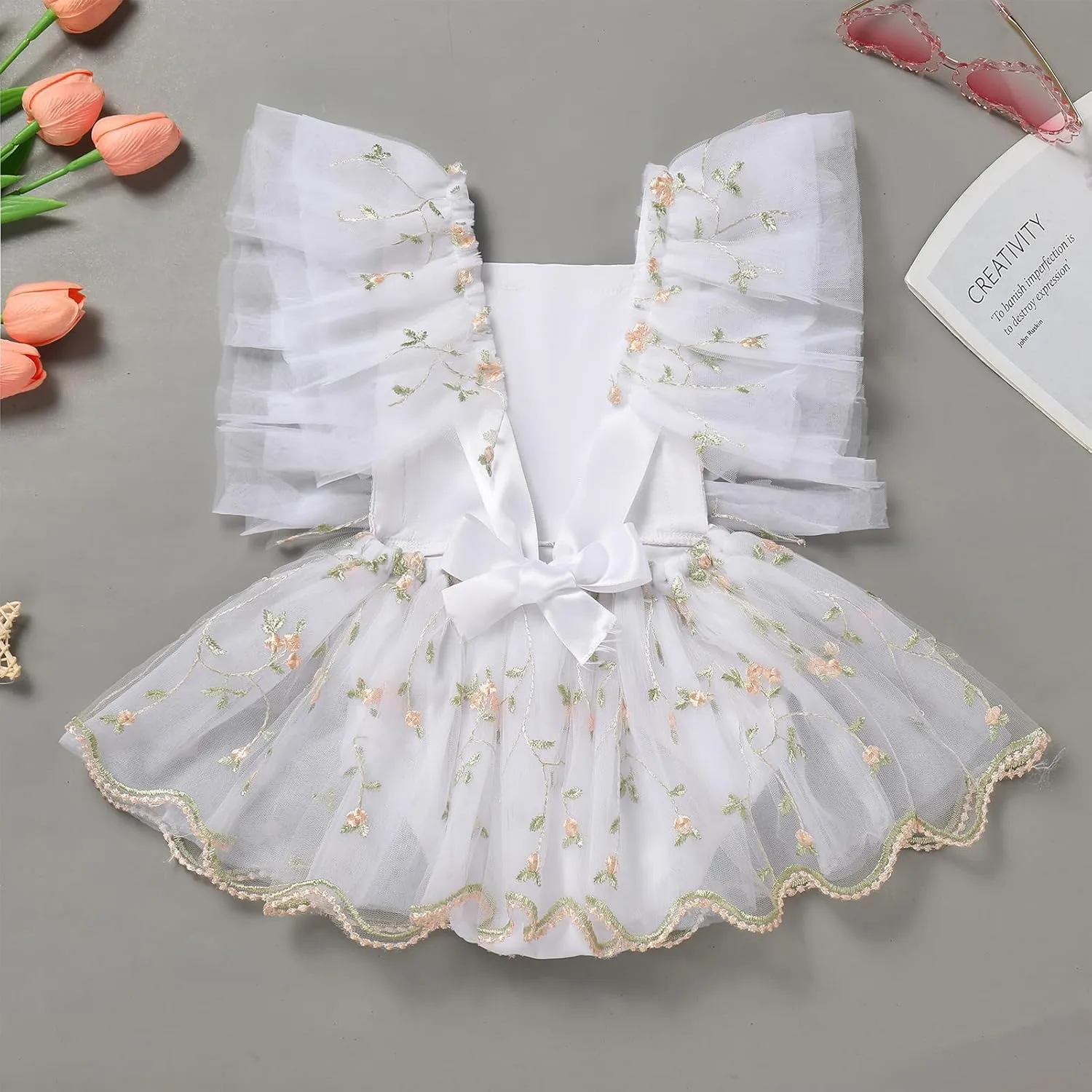 ODASDO Baby Girl Floral Embroidery Tulle Tutu Princess Romper Dress First Birthday Cake Smash Outfit with Bowknot Headband