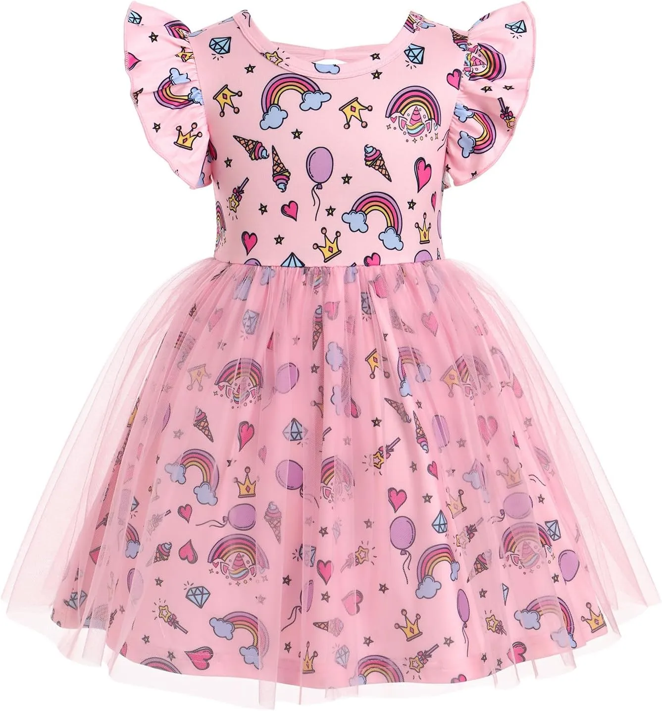 ODASDO Birthday Dress for Baby Girls Toddlers Kids Cartoon Printed Fly Sleeve A-line Tulle Tutu Princess Summer Holiday Dress
