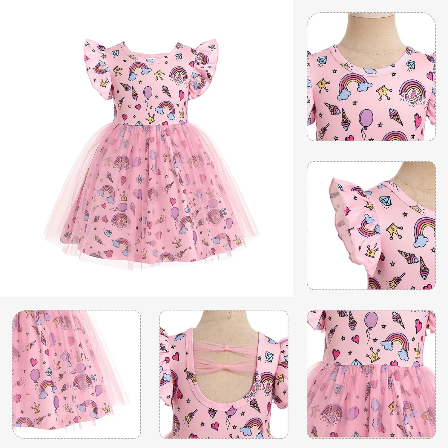 ODASDO Birthday Dress for Baby Girls Toddlers Kids Cartoon Printed Fly Sleeve A-line Tulle Tutu Princess Summer Holiday Dress