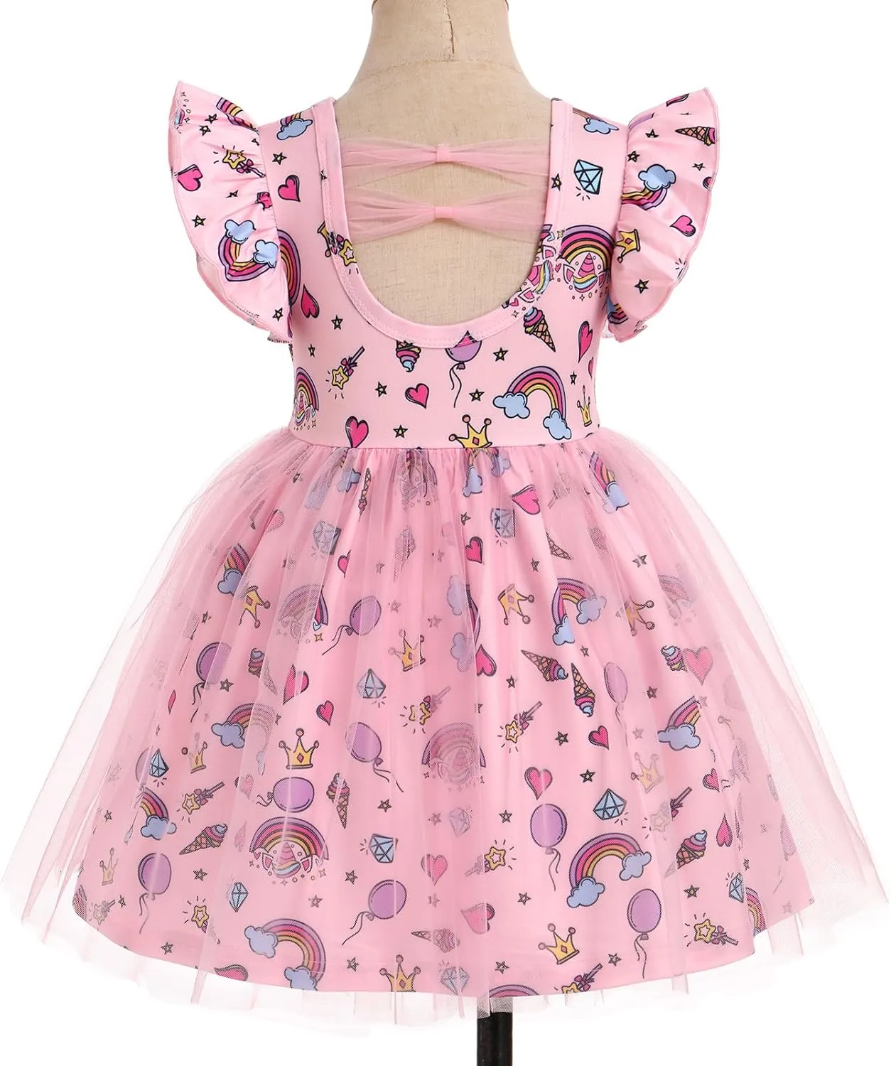 ODASDO Birthday Dress for Baby Girls Toddlers Kids Cartoon Printed Fly Sleeve A-line Tulle Tutu Princess Summer Holiday Dress