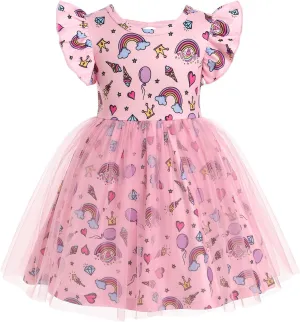 ODASDO Birthday Dress for Baby Girls Toddlers Kids Cartoon Printed Fly Sleeve A-line Tulle Tutu Princess Summer Holiday Dress