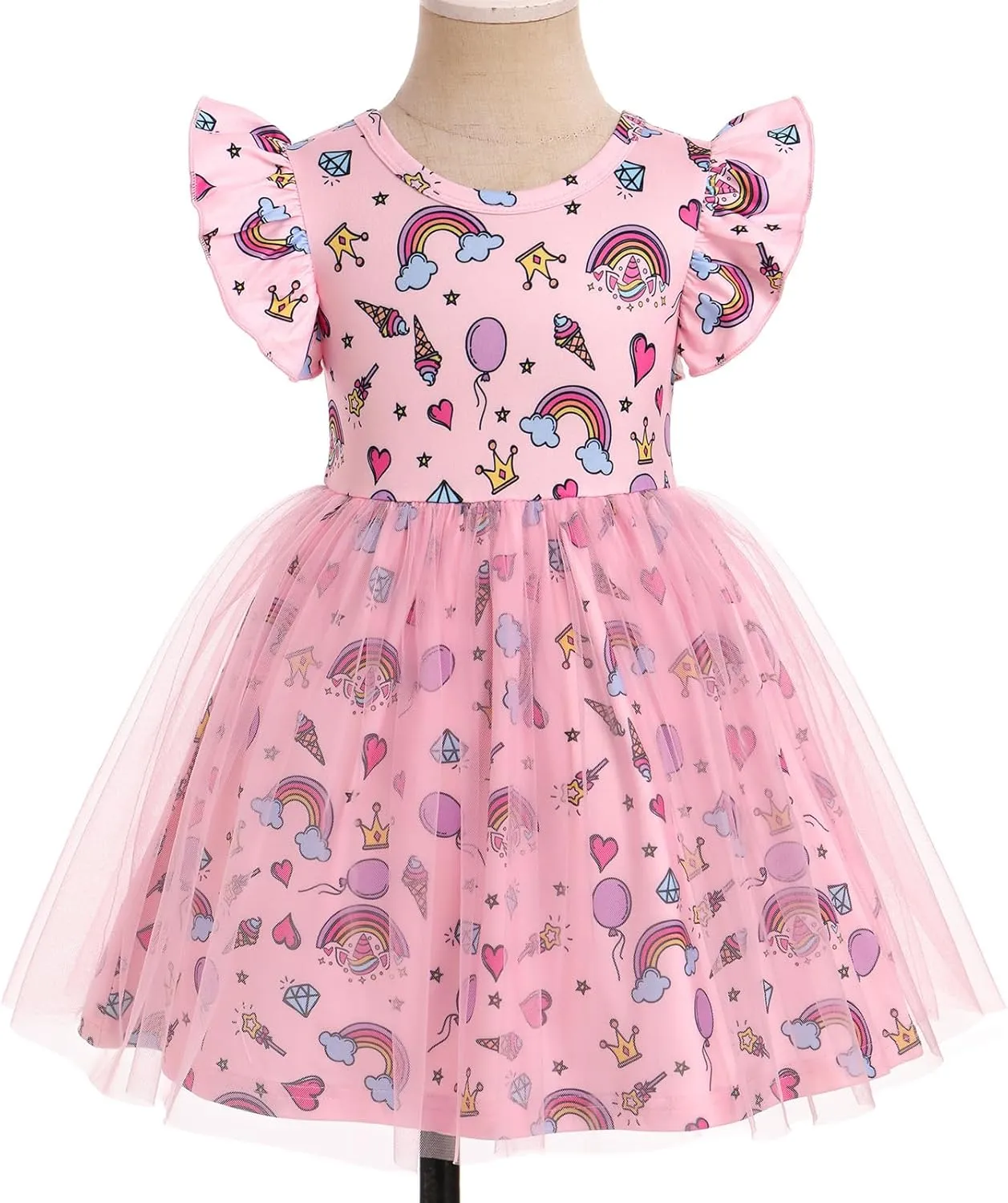 ODASDO Birthday Dress for Baby Girls Toddlers Kids Cartoon Printed Fly Sleeve A-line Tulle Tutu Princess Summer Holiday Dress