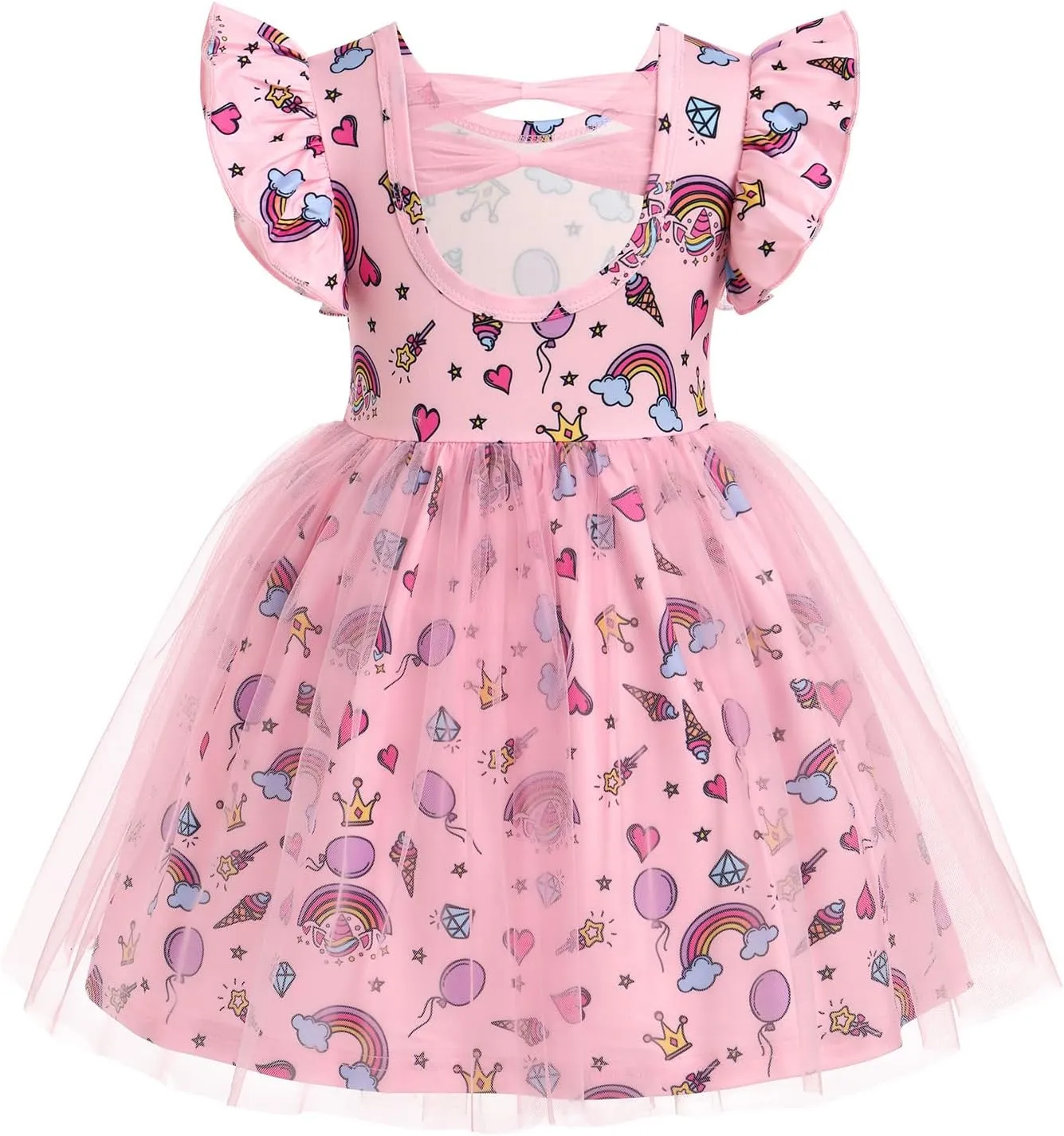 ODASDO Birthday Dress for Baby Girls Toddlers Kids Cartoon Printed Fly Sleeve A-line Tulle Tutu Princess Summer Holiday Dress