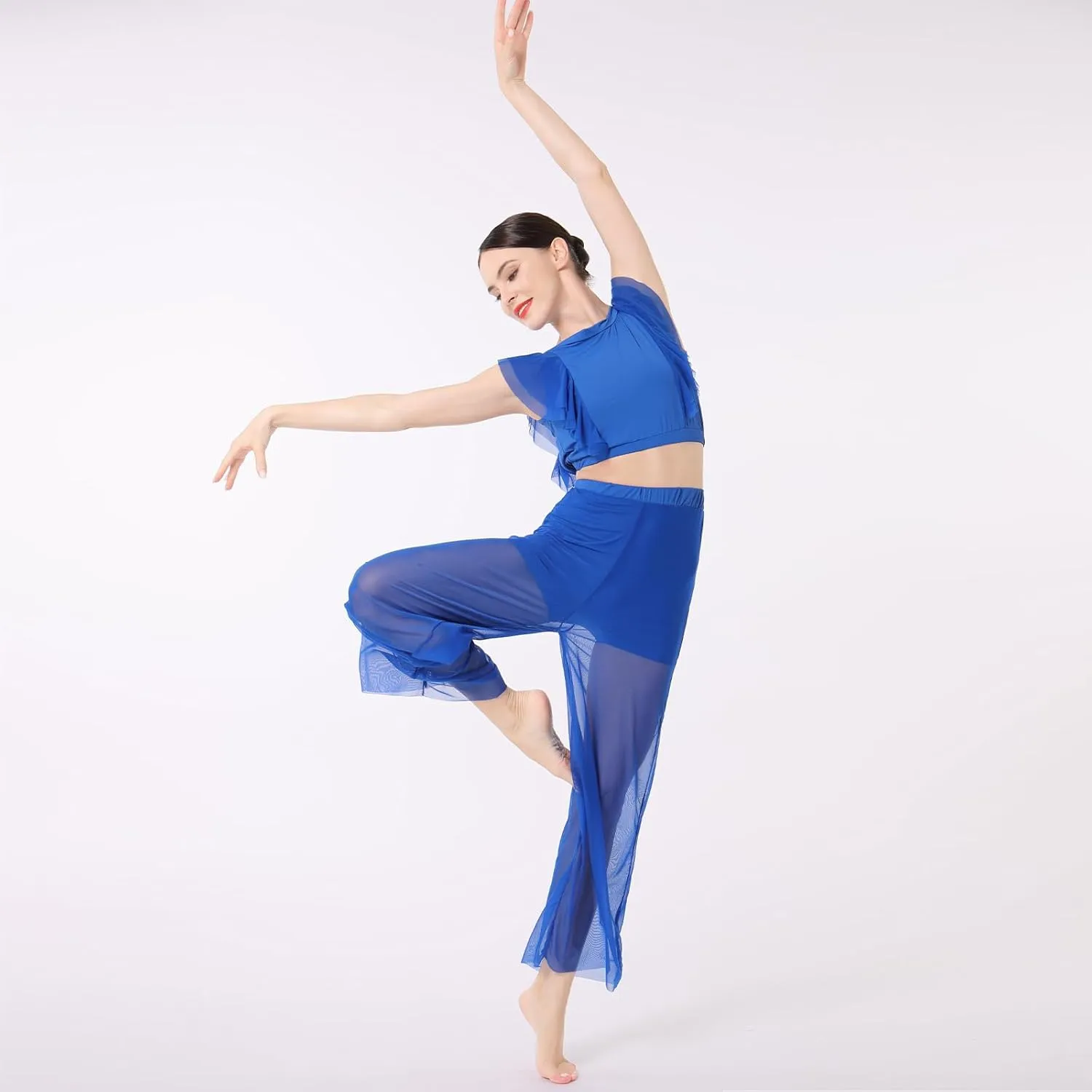 ODASDO Women Two Piece Lyrical Dance Costumes Criss Cross Crop Tops   Mesh Tulle Wide Leg Pants Modern Contemporary Dancewear