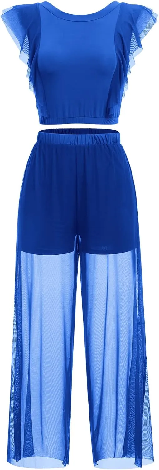 ODASDO Women Two Piece Lyrical Dance Costumes Criss Cross Crop Tops   Mesh Tulle Wide Leg Pants Modern Contemporary Dancewear