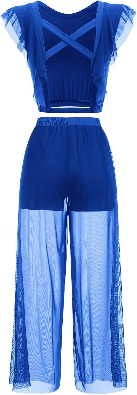 ODASDO Women Two Piece Lyrical Dance Costumes Criss Cross Crop Tops   Mesh Tulle Wide Leg Pants Modern Contemporary Dancewear