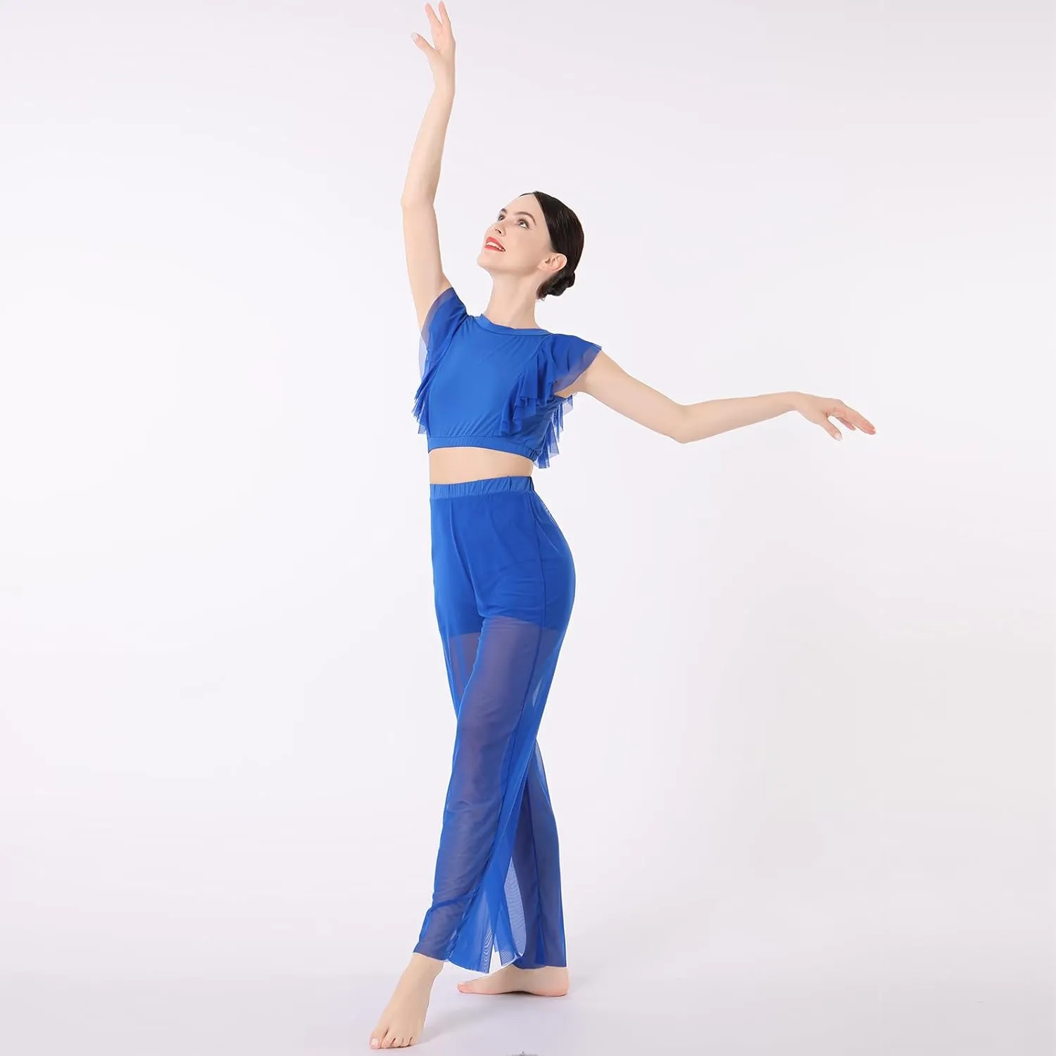 ODASDO Women Two Piece Lyrical Dance Costumes Criss Cross Crop Tops   Mesh Tulle Wide Leg Pants Modern Contemporary Dancewear