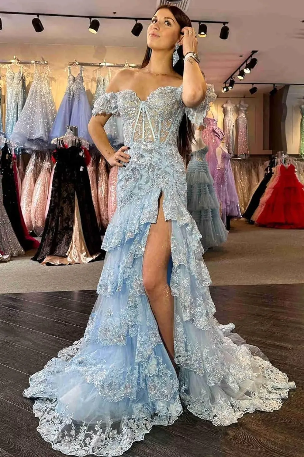 Off The Shoulder Lace Tulle Tiered Prom Dresses Long Sparkly Corset Formal Evening Party Gowns with Slit
