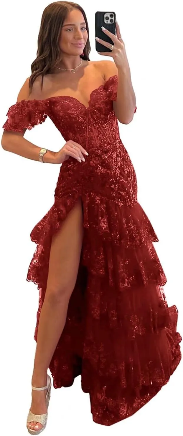 Off The Shoulder Lace Tulle Tiered Prom Dresses Long Sparkly Corset Formal Evening Party Gowns with Slit