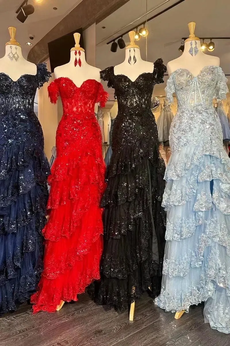 Off The Shoulder Lace Tulle Tiered Prom Dresses Long Sparkly Corset Formal Evening Party Gowns with Slit