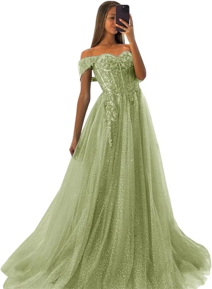 Off The Shoulder Tulle Prom Dresses 2025 Lace Applique A Line Long Sparkly Formal Evening Party Gowns